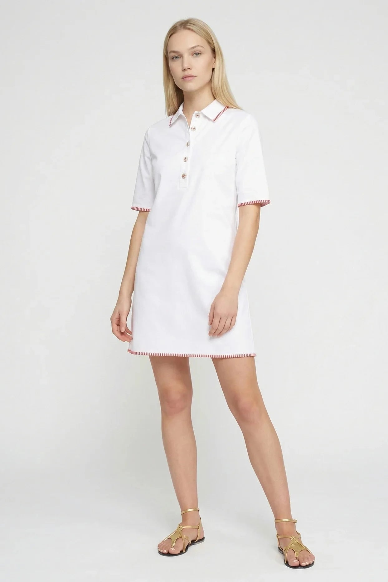 Vestido Blanco Ribete Rojo