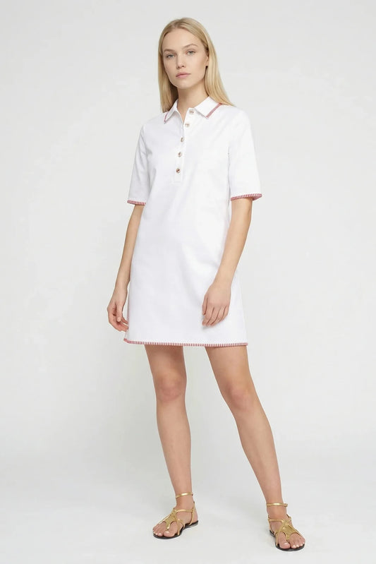 Vestido Blanco Ribete Rojo