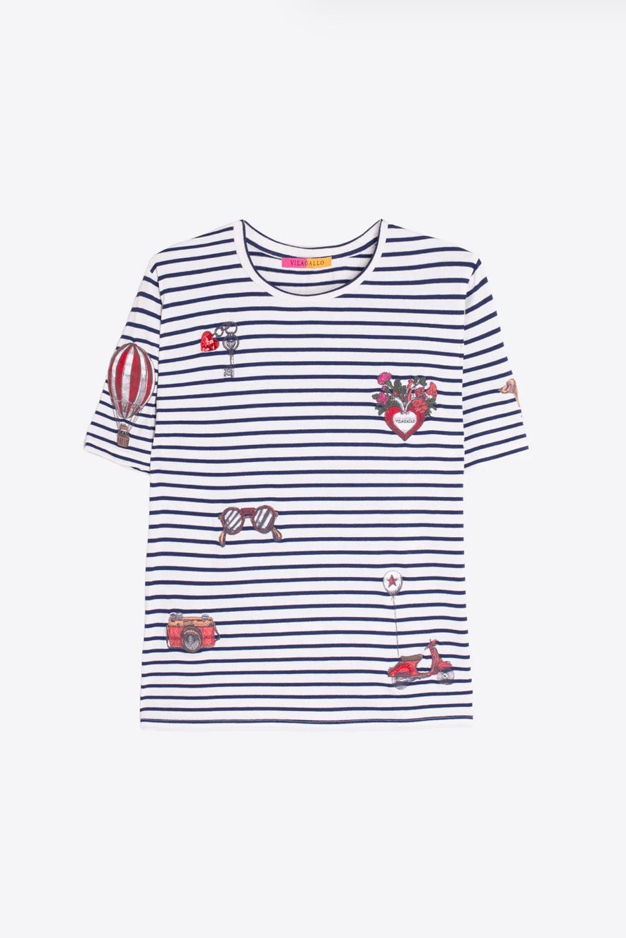 Camiseta de Rayas Bordados Vintage