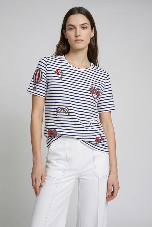 Camiseta de Rayas Bordados Vintage