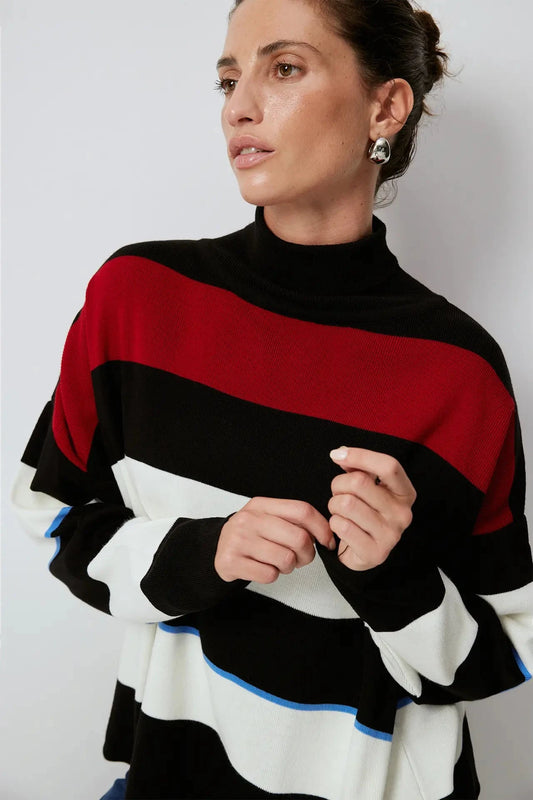 Jersey de Punto, diseño de rayas anchas en tres colores: negro, blanco y bordo. Comodidad y estilo. Las rayas anchas añaden un toque audaz y atractivo.